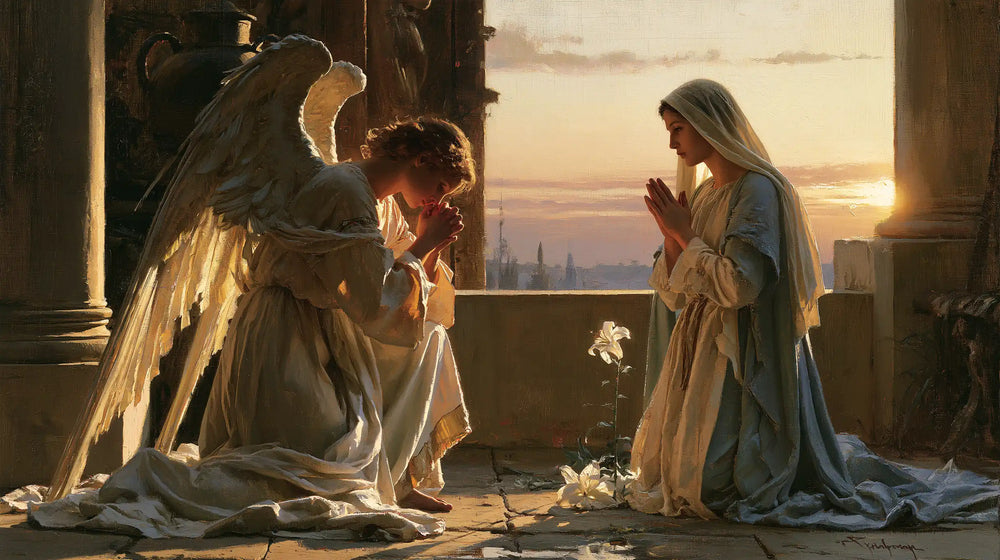 the Annunciation at dawn in The Annunciation at Dawn style, landscape Christian artwork no. 2