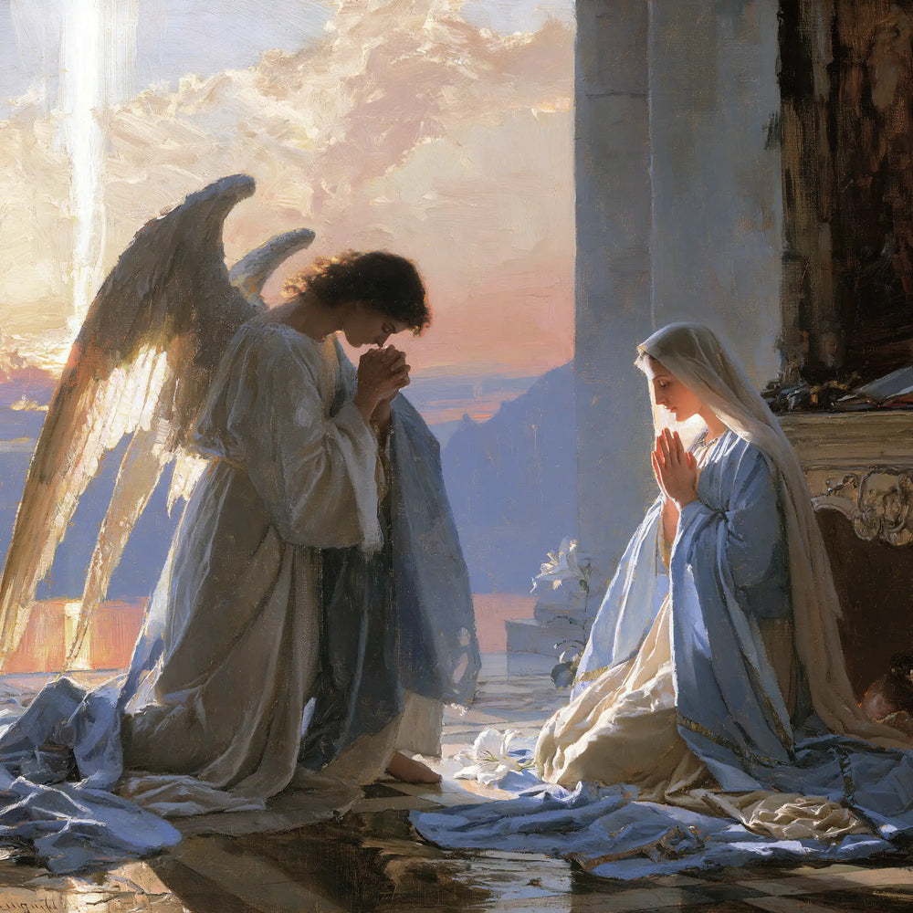 the Annunciation at dawn in The Annunciation at Dawn style, square Christian artwork no. 8