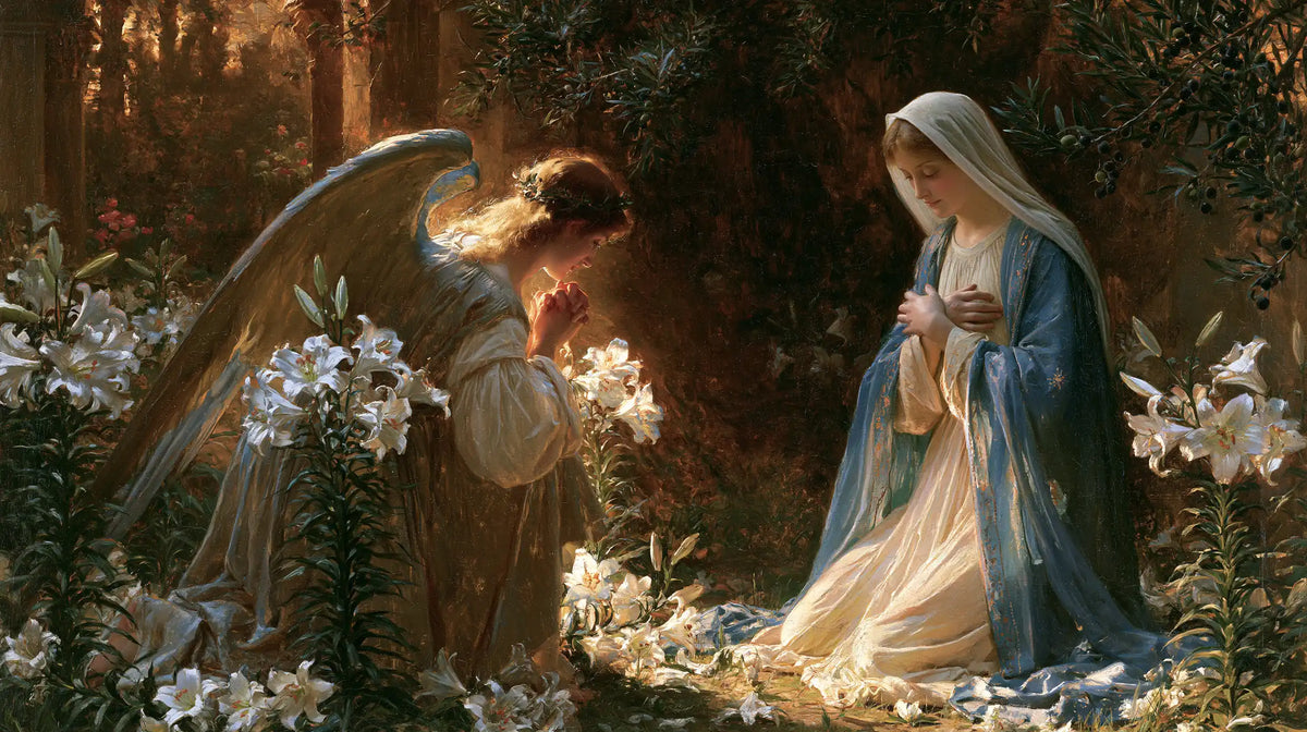 the Annunciation in a garden in The Annunciation in the Garden style, landscape Christian artwork no. 17