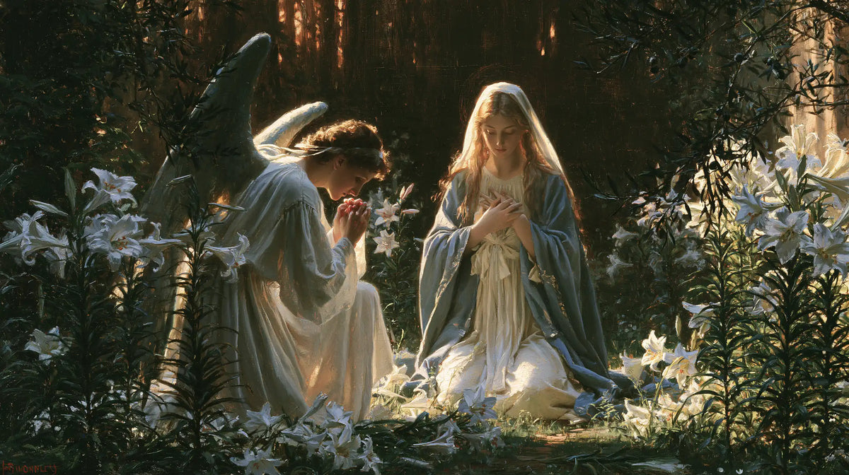 the Annunciation in a garden in The Annunciation in the Garden style, landscape Christian artwork no. 20