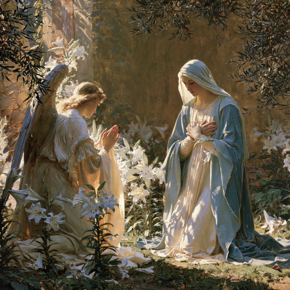 the Annunciation in a garden in The Annunciation in the Garden style, square Christian artwork no. 5