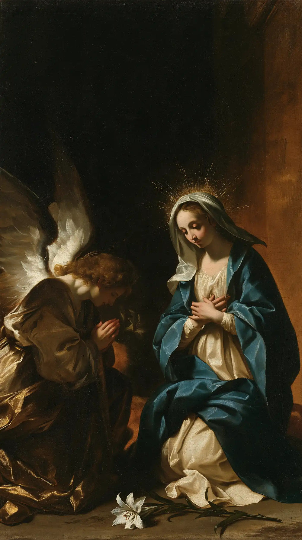 the Annunciation in black and gold in Black and Gold style, portrait Christian artwork no. 3