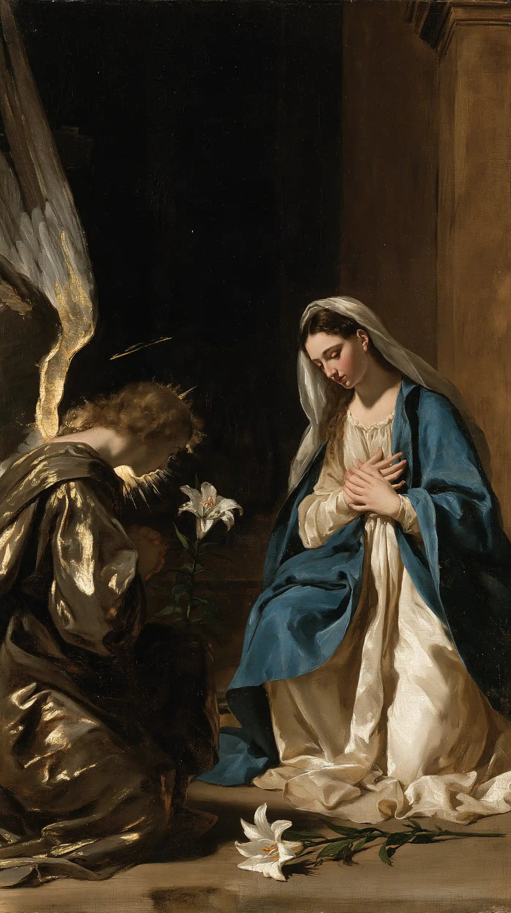 the Annunciation in black and gold in Black and Gold style, portrait Christian artwork no. 10