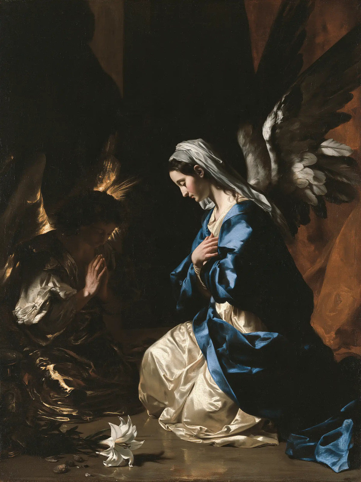 the Annunciation in black and gold in Black and Gold style, portrait Christian artwork no. 13