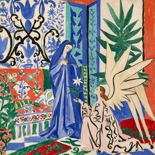 Mary in blue before kneeling Gabriel with cream wings in a blue white and red Fauvist garden square