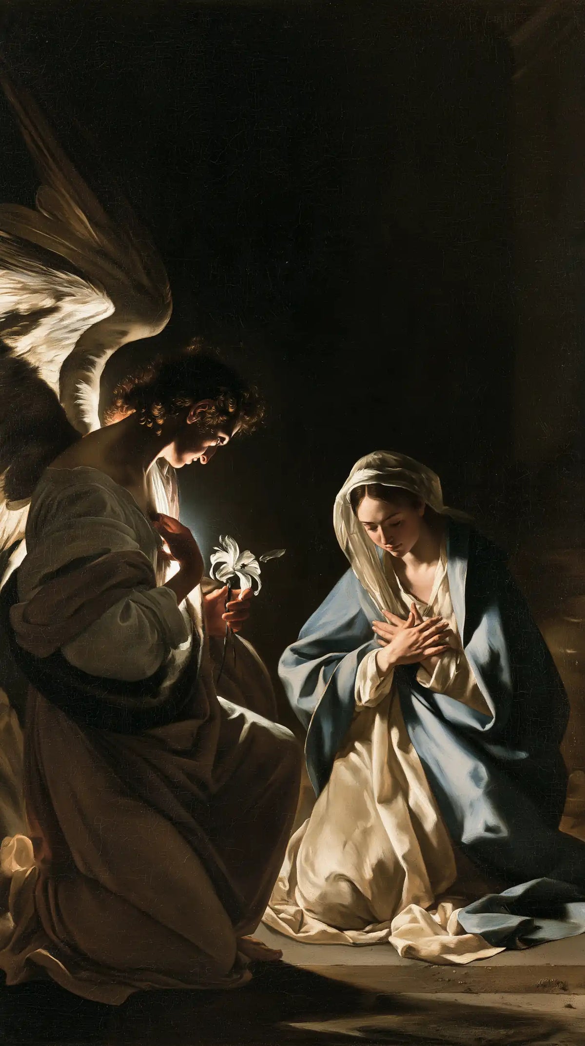the Annunciation in dramatic chiaroscuro in Caravaggio Tenebrism style, portrait Christian artwork no. 3