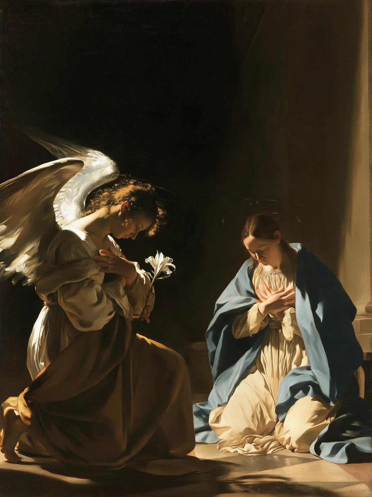the Annunciation in dramatic chiaroscuro in Caravaggio Tenebrism style, portrait Christian artwork no. 5