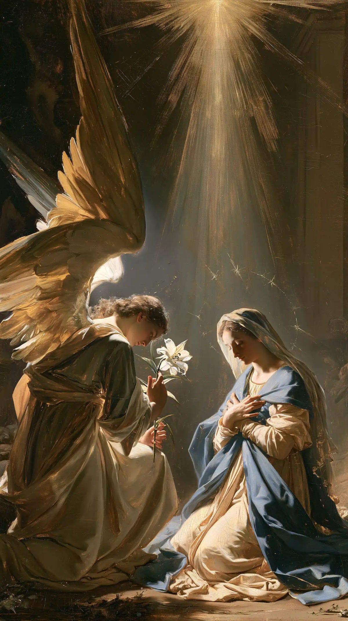 a celestial Annunciation in blue, ivory and gold in Celestial Annunciation in Blue, Ivory and Gold style, portrait Christian artwork no. 11