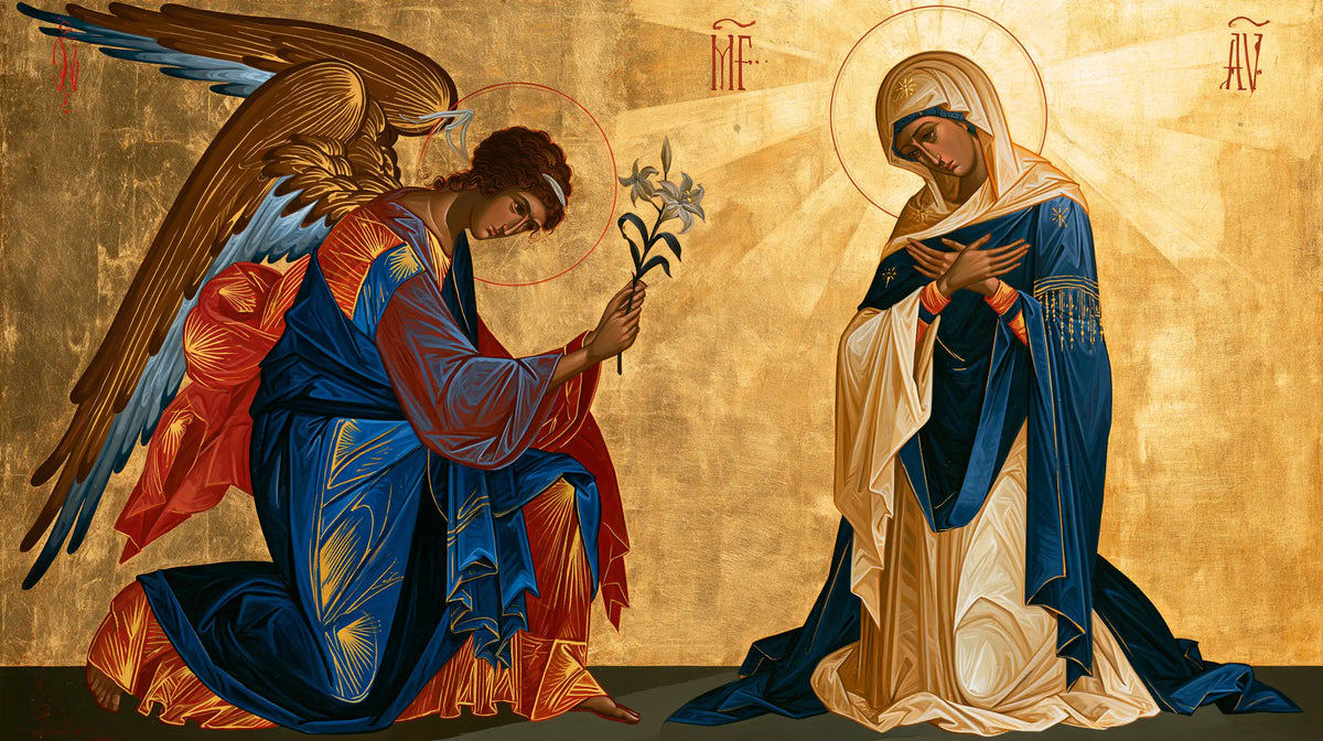 the Annunciation in a contemporary Byzantine icon in Contemporary Byzantine style, landscape Christian artwork no. 7