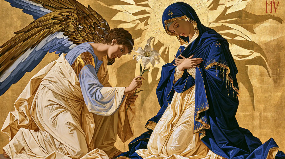 the Annunciation in a contemporary Byzantine icon in Contemporary Byzantine style, landscape Christian artwork no. 9