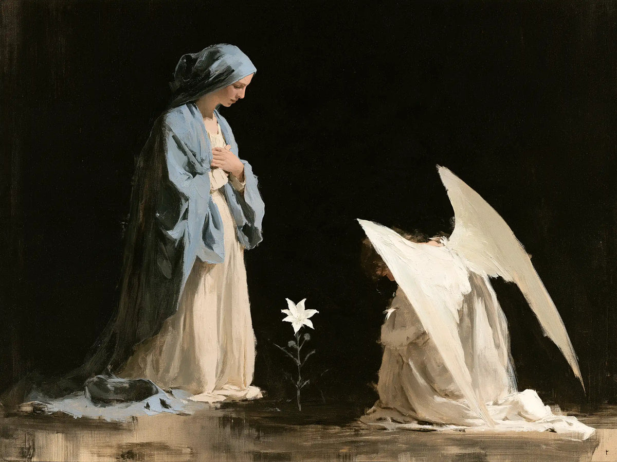 the Annunciation in a minimalist composition in Contemporary Minimalism style, landscape Christian artwork no. 3