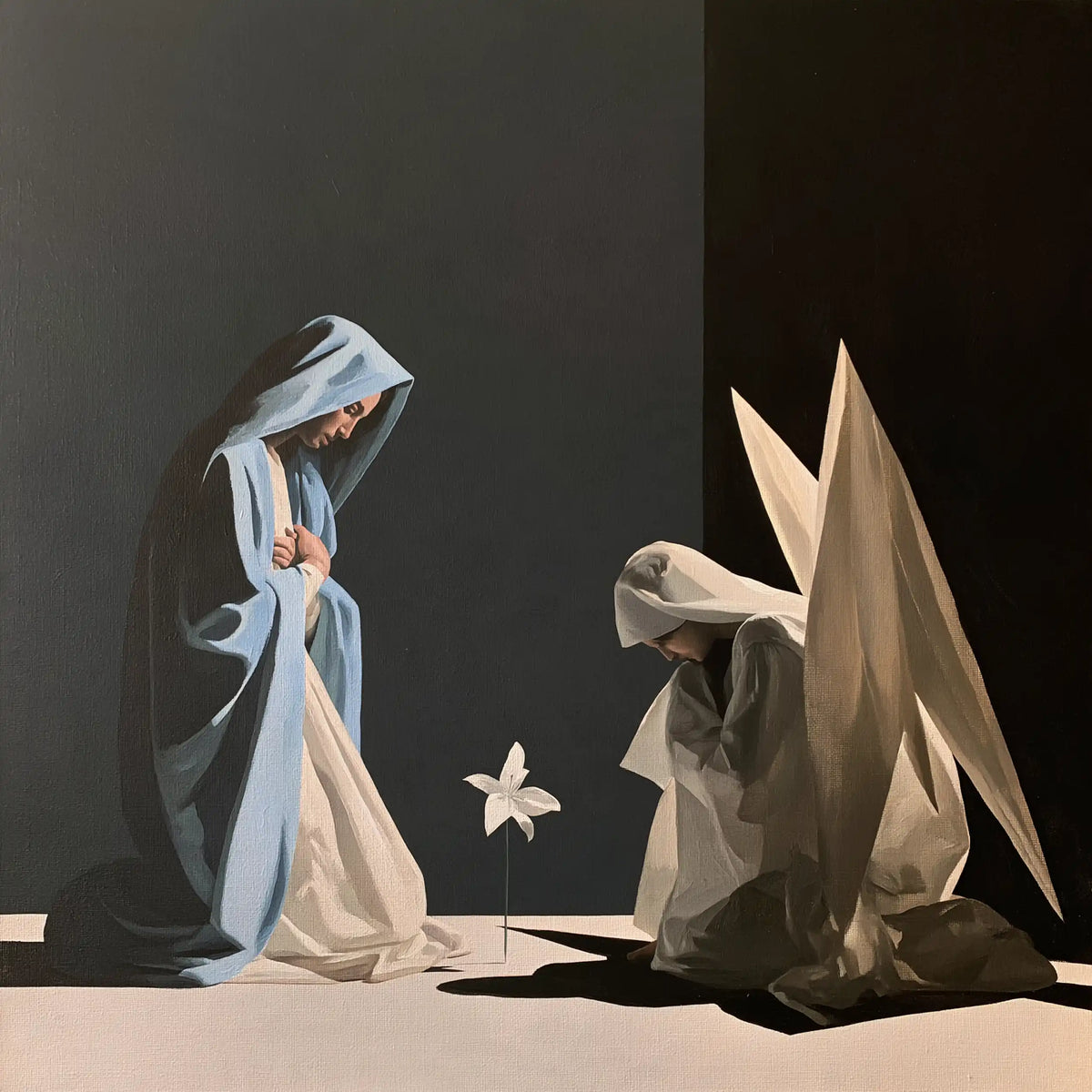 the Annunciation in a minimalist composition in Contemporary Minimalism style, square Christian artwork no. 2