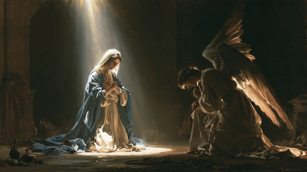 divine light descending upon Mary at the Annunciation in Divine Light Descending upon Mary style, landscape Christian artwork no. 17