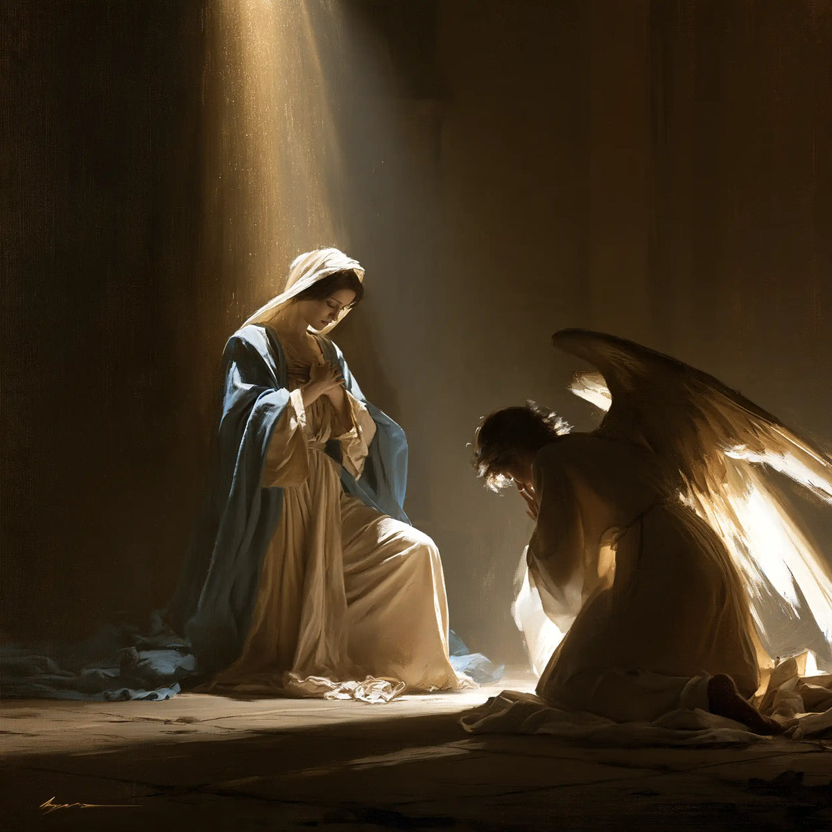 divine light descending upon Mary at the Annunciation in Divine Light Descending upon Mary style, square Christian artwork no. 6