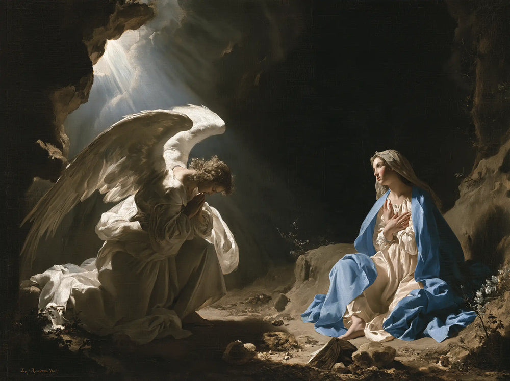 Gabriel in radiant light at the Annunciation in Gabriel in Radiant Light style, landscape Christian artwork no. 3