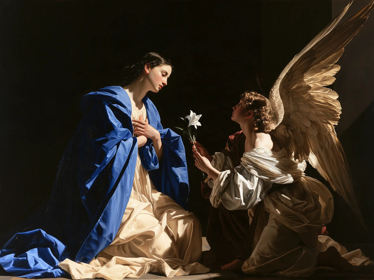 Annunciation beneath a Low Beam of Sacred Light – Caravaggio-Inspired Tenebrist Art · Landscape