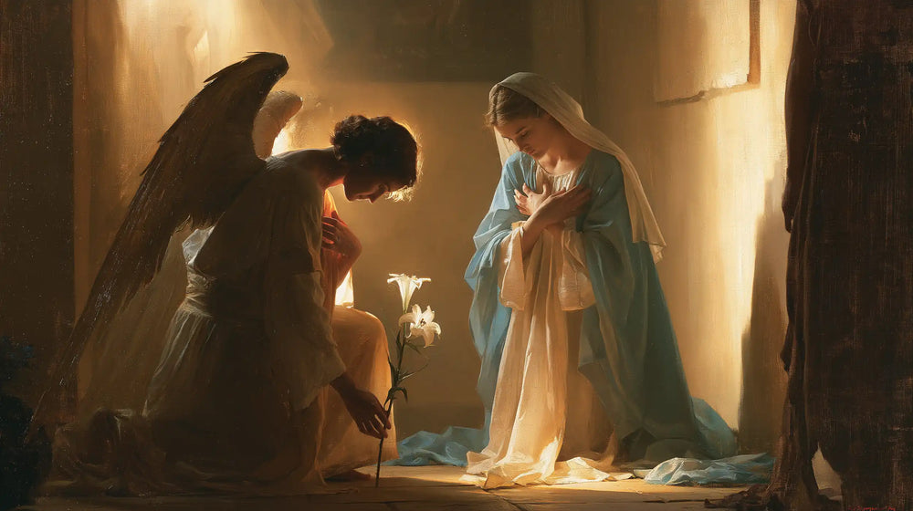 Mary kneeling before Gabriel at the Annunciation in Mary Kneeling before Gabriel style, landscape Christian artwork no. 4
