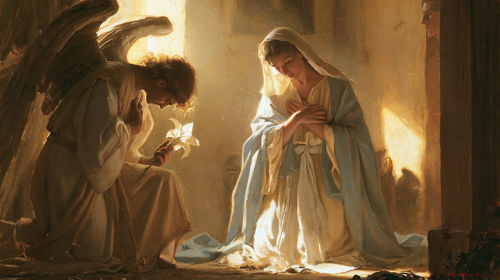 Mary kneeling before Gabriel at the Annunciation in Mary Kneeling before Gabriel style, landscape Christian artwork no. 6