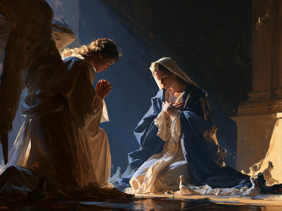 the Annunciation in midnight-blue chiaroscuro in Midnight Blue Chiaroscuro style, landscape Christian artwork no. 5