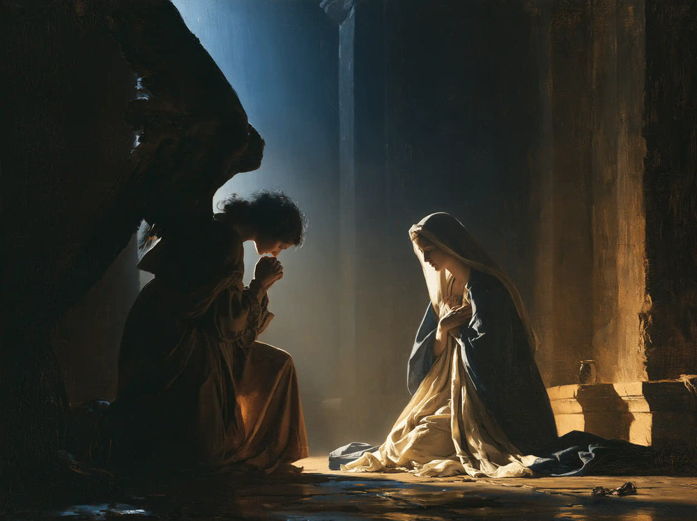 the Annunciation in midnight-blue chiaroscuro in Midnight Blue Chiaroscuro style, landscape Christian artwork no. 8