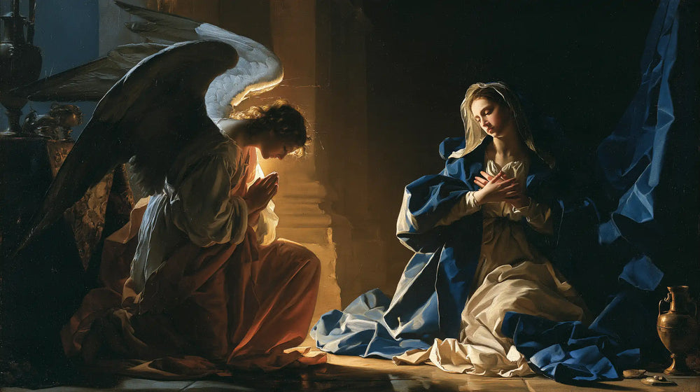 the Annunciation in midnight-blue chiaroscuro in Midnight Blue Chiaroscuro style, landscape Christian artwork no. 15