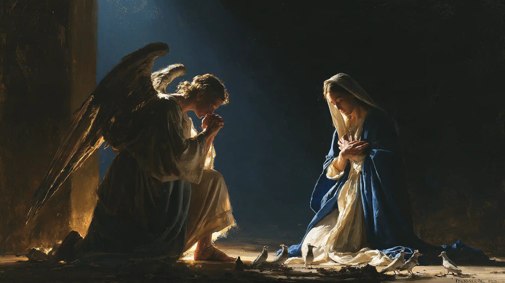 the Annunciation in midnight-blue chiaroscuro in Midnight Blue Chiaroscuro style, landscape Christian artwork no. 17