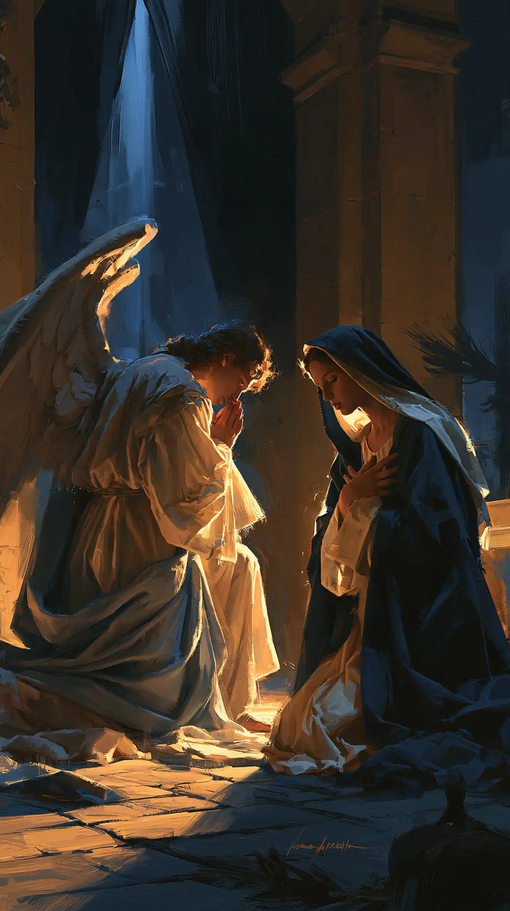 the Annunciation in midnight-blue chiaroscuro in Midnight Blue Chiaroscuro style, portrait Christian artwork no. 7
