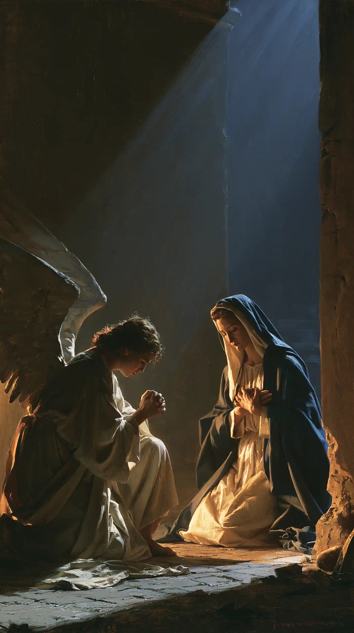 the Annunciation in midnight-blue chiaroscuro in Midnight Blue Chiaroscuro style, portrait Christian artwork no. 9