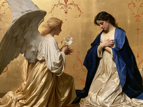 Mary and Gabriel in pearl, ivory and gold garments with a white lily in an academic Annunciation · landscape format