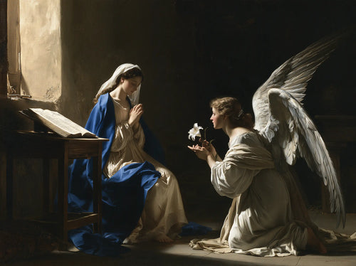 Mary turning from a prayer desk toward kneeling Gabriel and a white lily in a candlelit Annunciation interior · landscape format