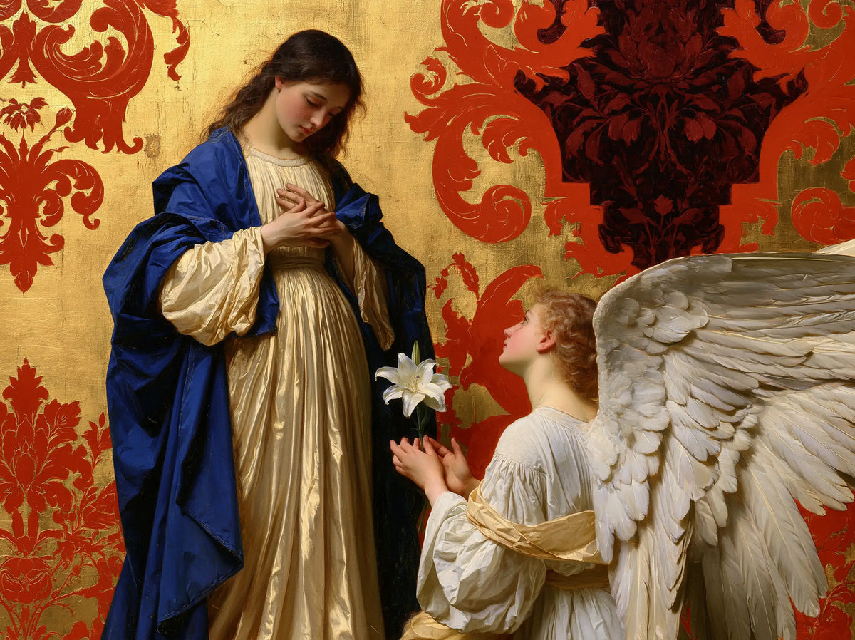 Annunciation against Red and Gold Damask – Bouguereau-Inspired Academic Art · Landscape