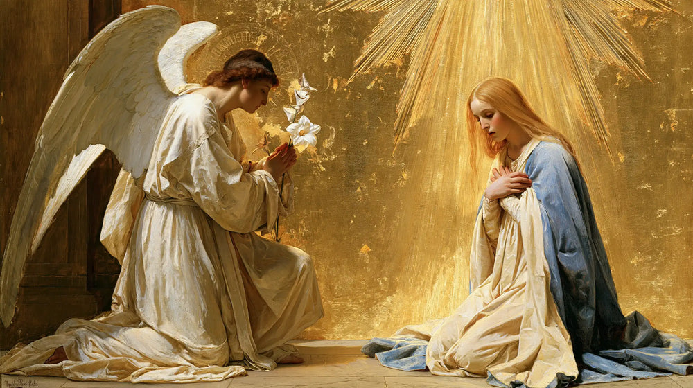 the Annunciation in sacred golden light in Sacred Gold style, landscape Christian artwork no. 12