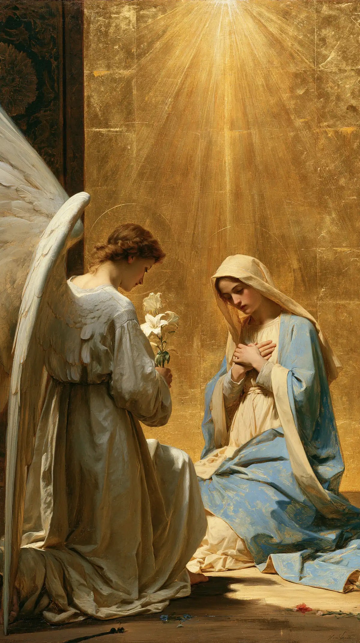 the Annunciation in sacred golden light in Sacred Gold style, portrait Christian artwork no. 4
