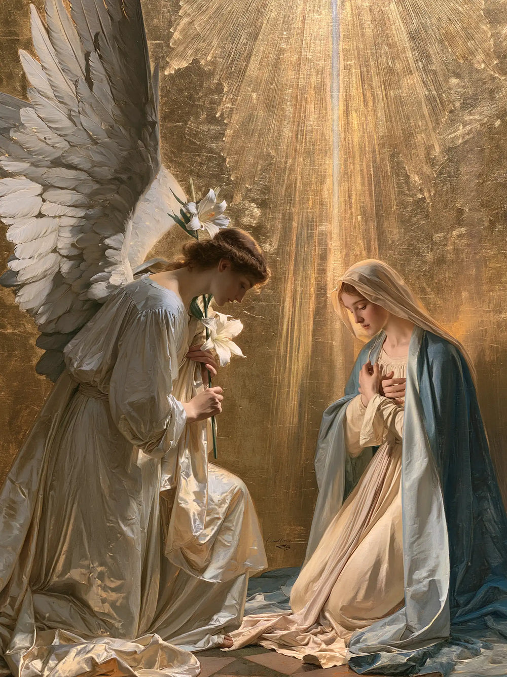 the Annunciation in sacred golden light in Sacred Gold style, portrait Christian artwork no. 13