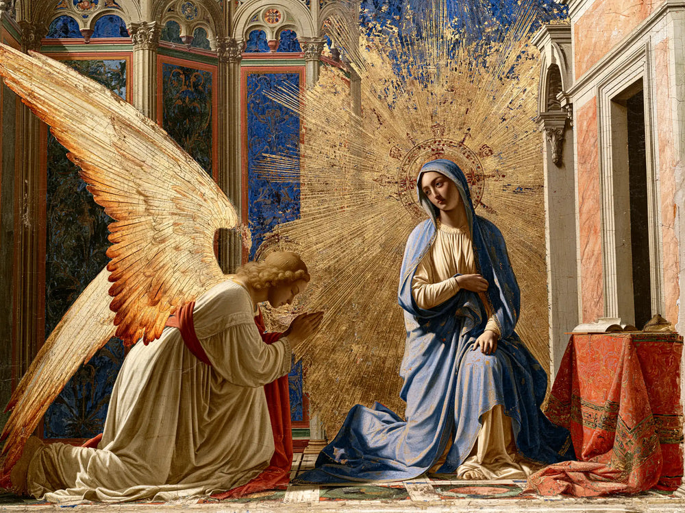 the Annunciation in a monumental sacred view in Sacred Monumental View style, landscape Christian artwork no. 1