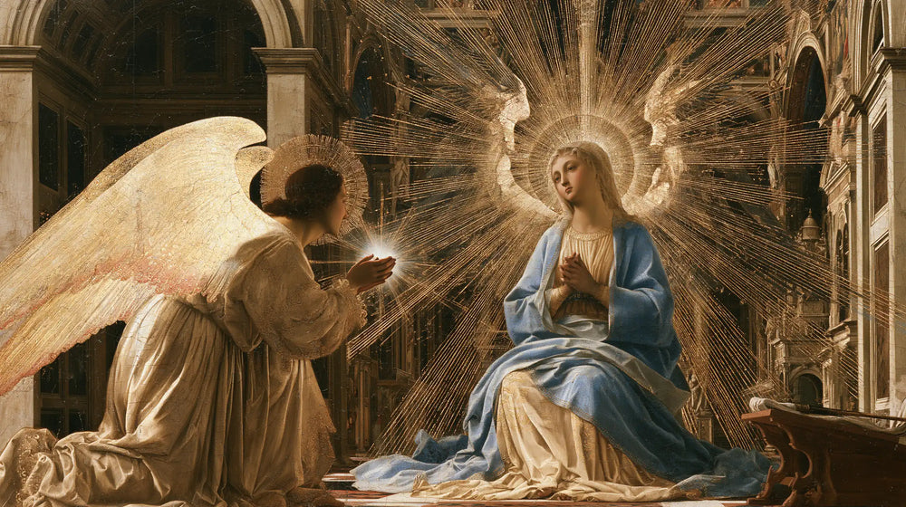 the Annunciation in a monumental sacred view in Sacred Monumental View style, landscape Christian artwork no. 10