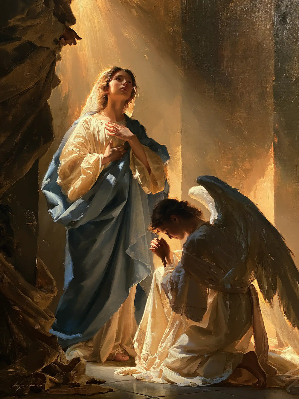 Mary receiving Gabriel's message in sacred surprise in Sacred Surprise style, portrait Christian artwork no. 5