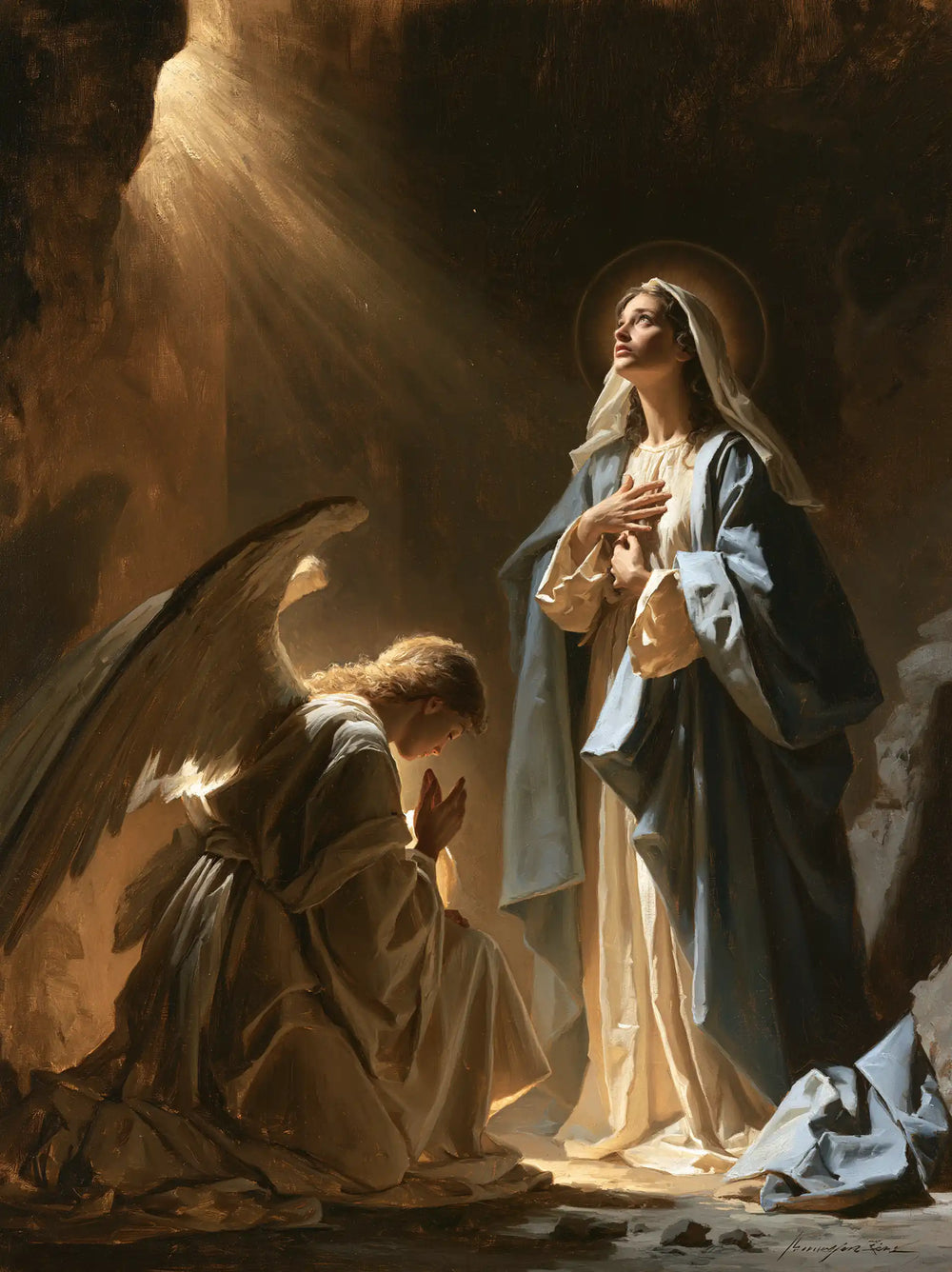Mary receiving Gabriel's message in sacred surprise in Sacred Surprise style, portrait Christian artwork no. 7