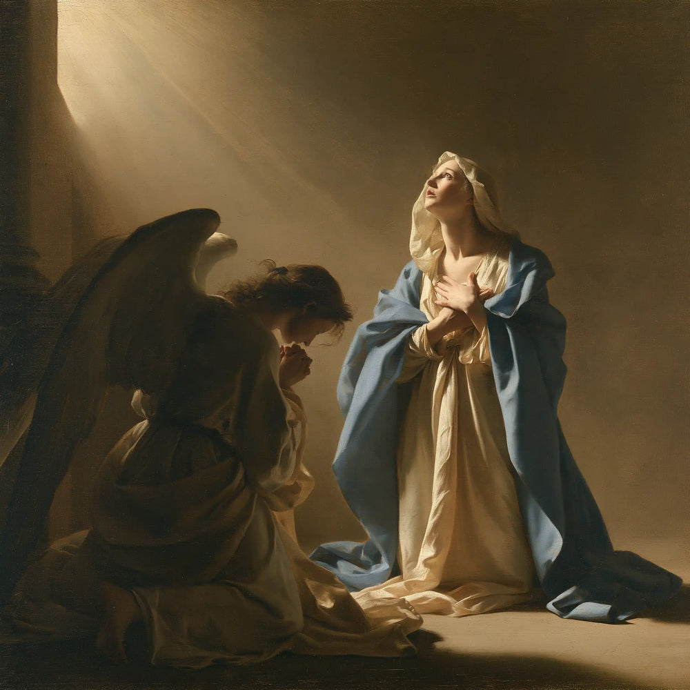 Mary receiving Gabriel's message in sacred surprise in Sacred Surprise style, square Christian artwork no. 1