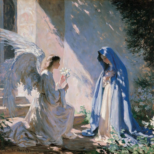 Gabriel and Mary with a white lily in soft green and silver woodland light in an Impressionist Annunciation square