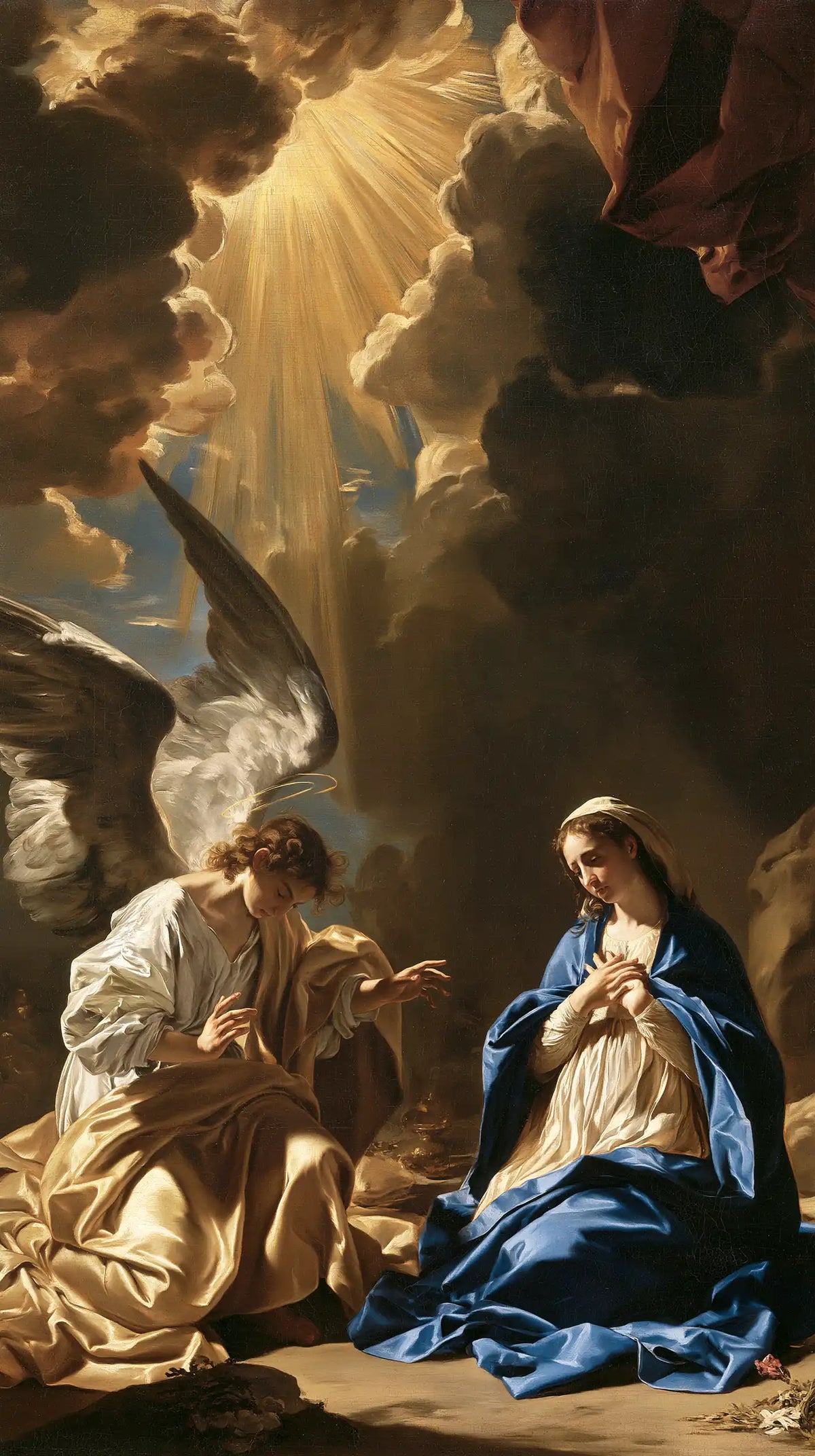 the Annunciation in a theatrical Baroque scene in Theatrical Baroque style, portrait Christian artwork no. 4