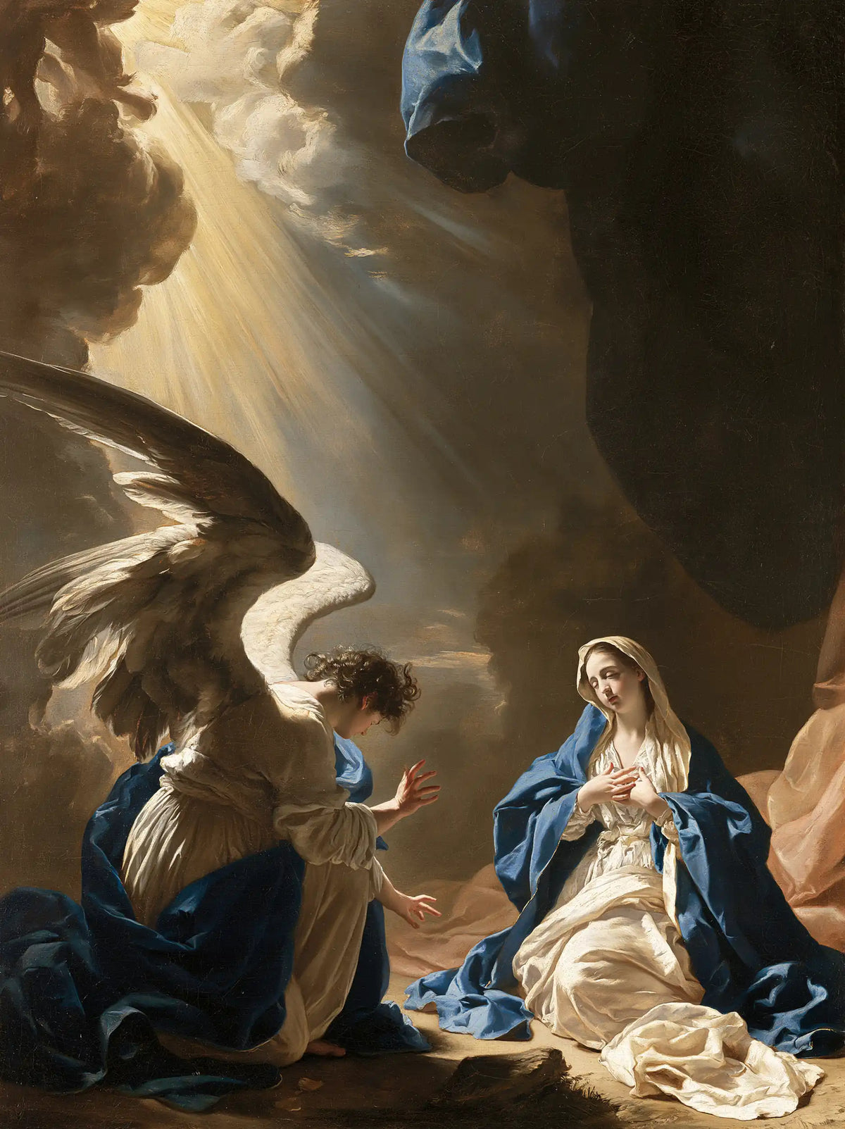 the Annunciation in a theatrical Baroque scene in Theatrical Baroque style, portrait Christian artwork no. 17