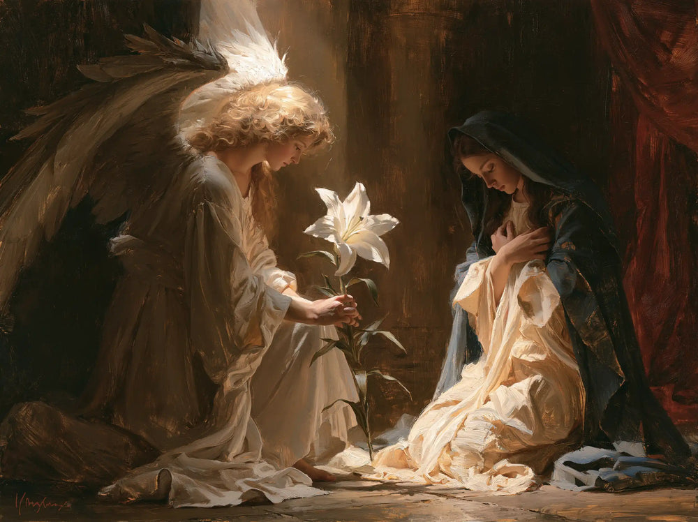 the Annunciation with the white lily as a central symbol in The White Lily as Symbol style, landscape Christian artwork no. 11