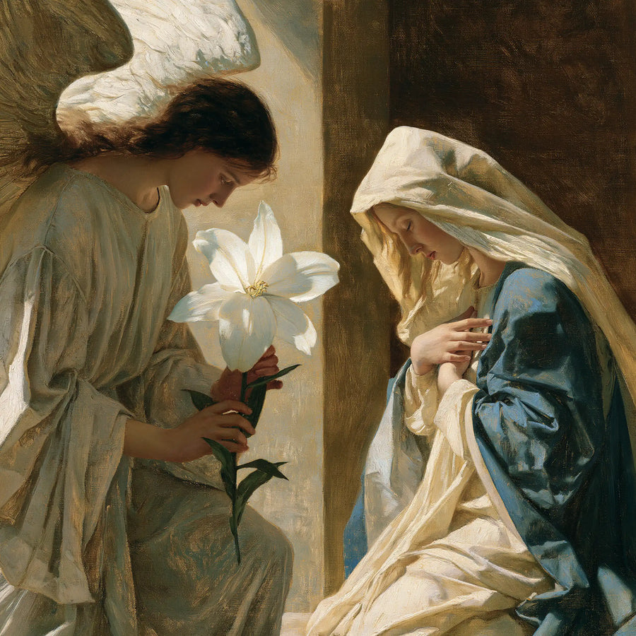 the Annunciation with the white lily as a central symbol in The White Lily as Symbol style, square Christian artwork no. 4