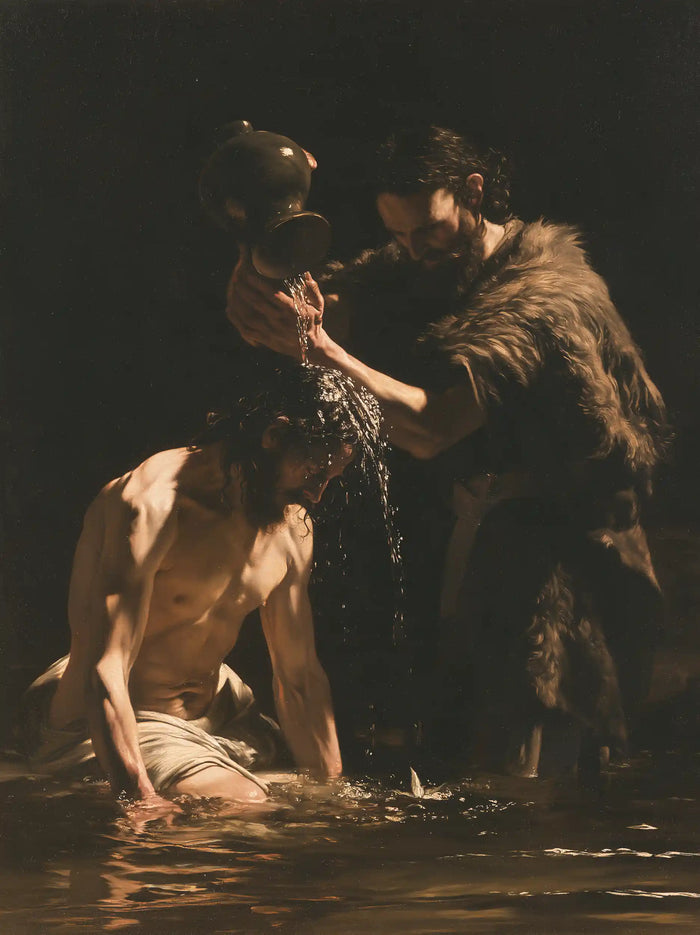 The Baptism of Jesus – Caravaggio Tenebrism · Kneeling in the Jordan · Portrait no. 3