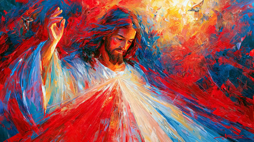 Jesus as Divine Mercy with red and pale rays, expressionist landscape Christian artwork