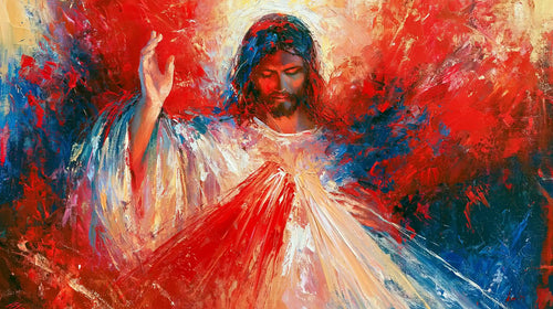 Jesus as Divine Mercy with red and pale rays, expressionist landscape Christian artwork