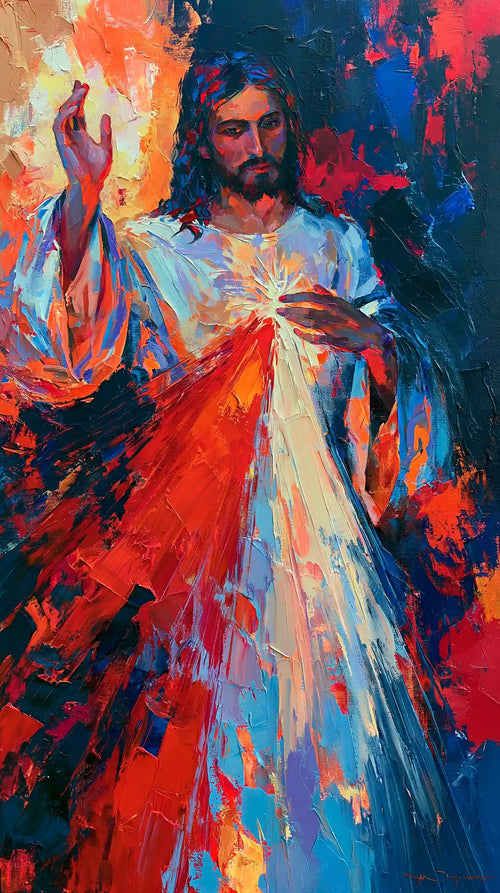 Jesus as Divine Mercy with red and pale rays, expressionist portrait Christian artwork