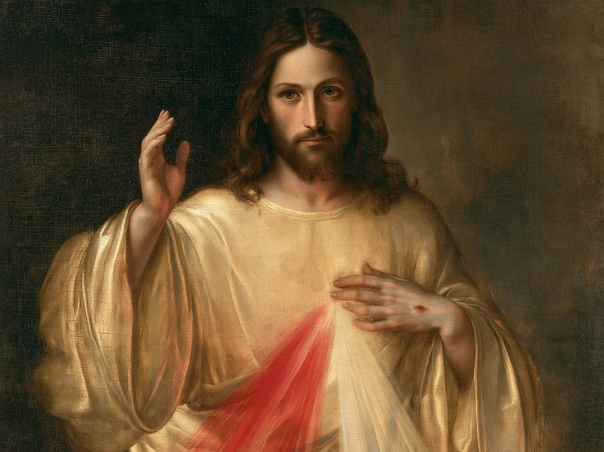 Divine Mercy Jesus — The Gaze of Peace Against Shadow