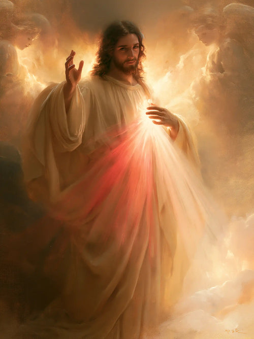the glory of Divine Mercy Jesus in Glory of the Merciful Christ style, portrait Christian artwork no. 9